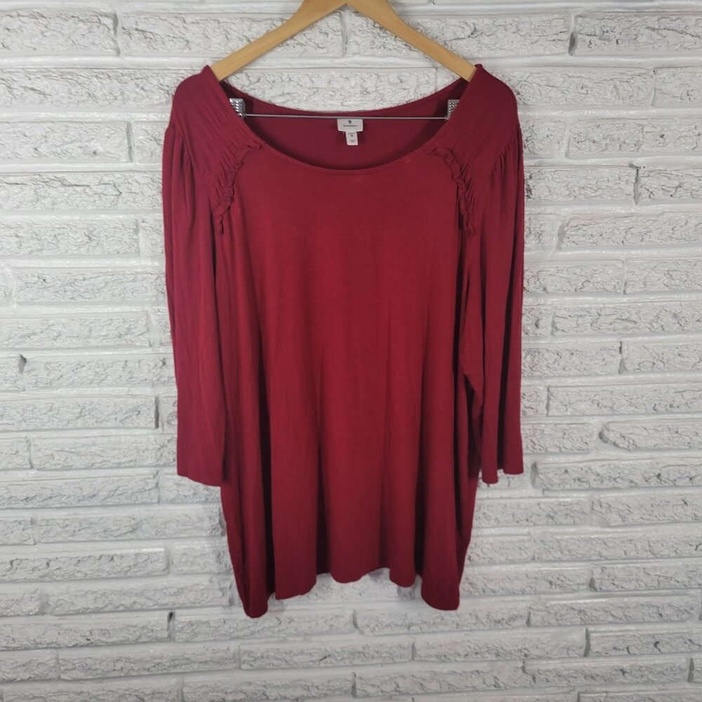 Dress Barn Womens Top 3X Plus 3/4 Sleeve Red Ruffle Rayon Blend Comfy RED64E